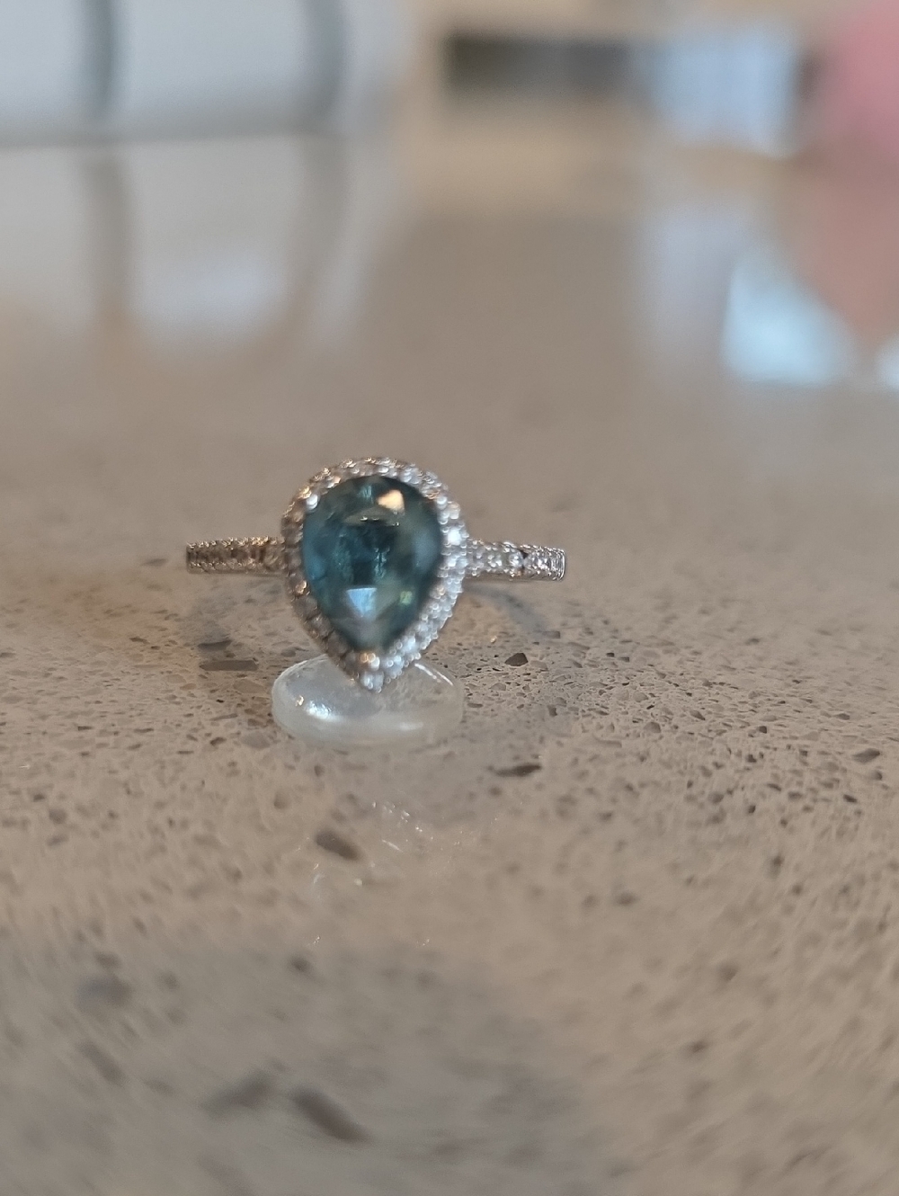 Teardrop Blue Halo Solitaire Ring - Blue Gemstone with Pavé Band